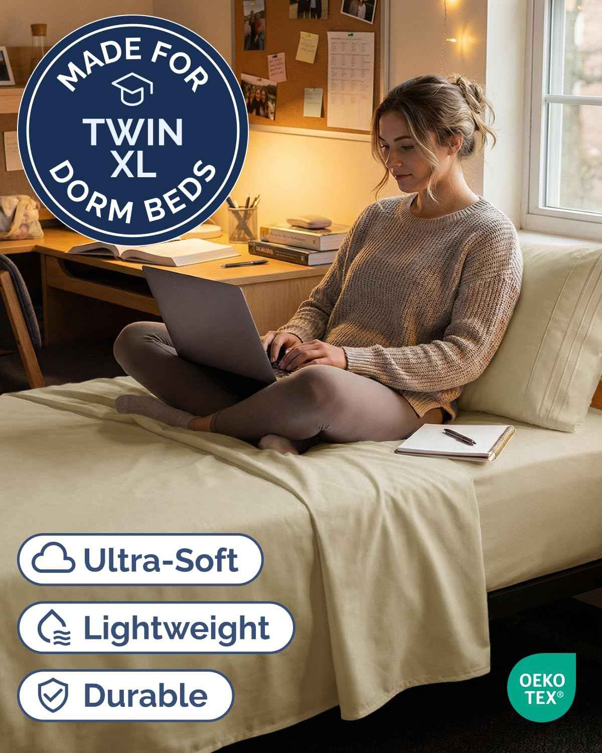 Twin XL 3 Piece Sheet Set - College Dorm Room Essentials - Beige