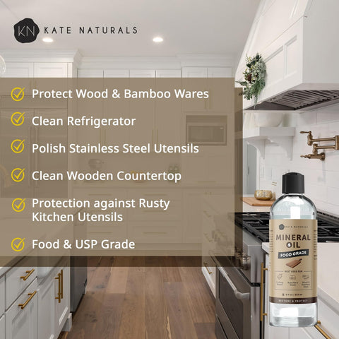 Kate Naturals Mineral Oil for Wood Cutting Board, Food Grade, Odorless, 8oz