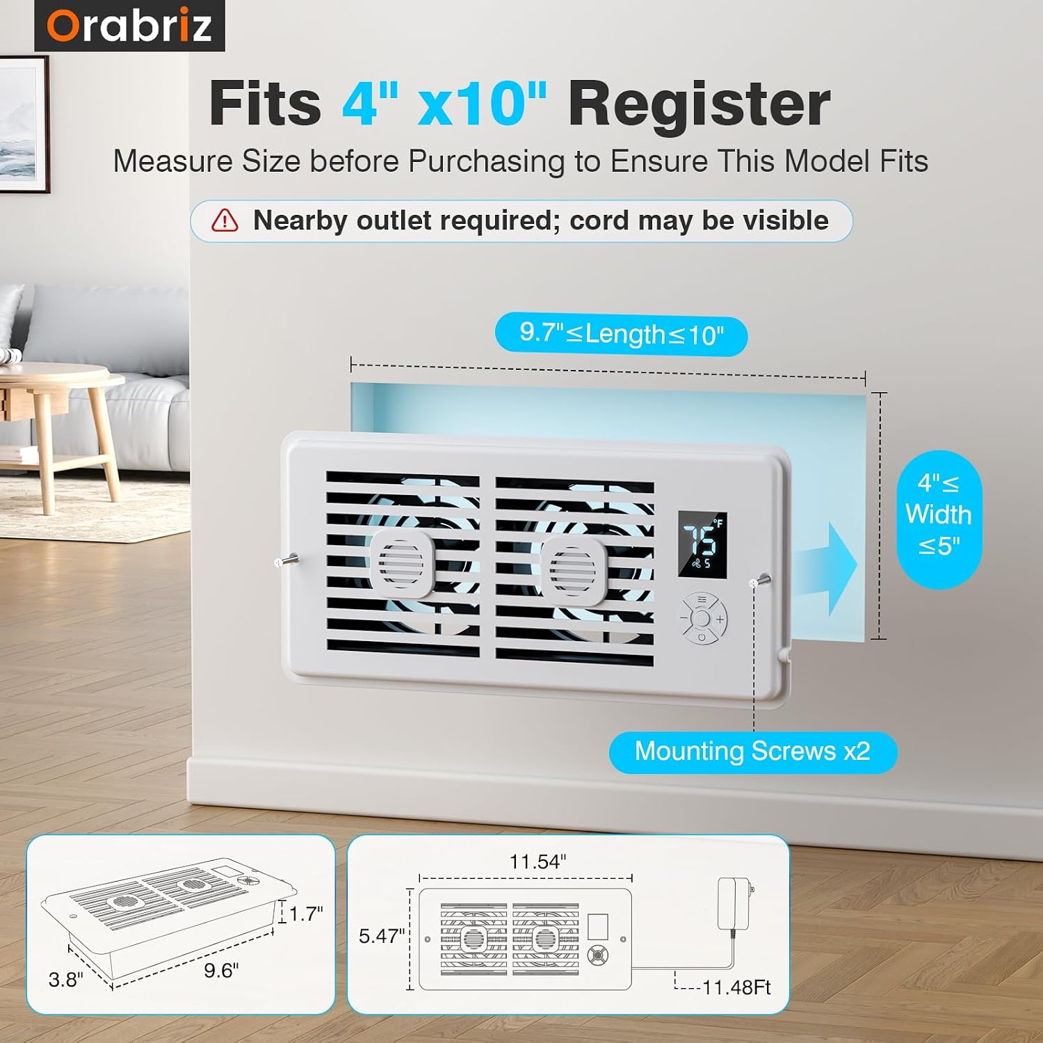 AC Vent Booster Fan 4" x 10" Register, Improves Room Airflow, 2Pack
