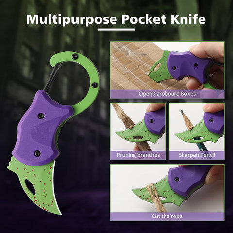 Small Pocket Knife Gift for Men,1.34''Blade Keychain Knife,Cool Folding Knife Box Cutter，Mini EDC Knives for Everyday Carry,Small Gift for Women Men （Purple & Green）