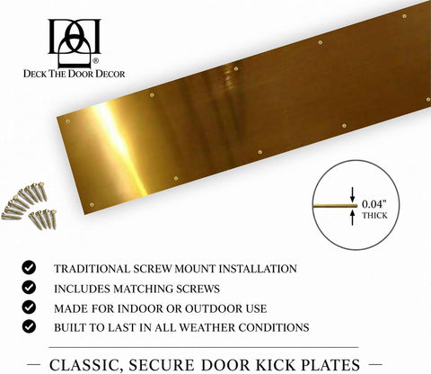 Deck the Door Decor | Door Kick Plate - Anodized Aluminum – Screw Mount – Satin Black, Satin Nickel, Shiny Brass & Oil Rubbed Bronze Finish – Many Sizes (8x34", Shiny Brass)