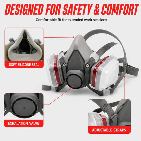 LAUCO Premium Respirator Kit - Reusable Half Face Cover Set with Safety Glasses for Gas, Painting, Machine Polishing, Staining, Car Spraying, Sanding & Cutting, DIY and Other Work Protection