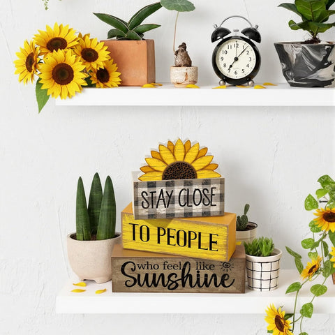 Lineshading 4 Pcs Sunflower Wooden Block Signs Farmhouse Tabletop Decor