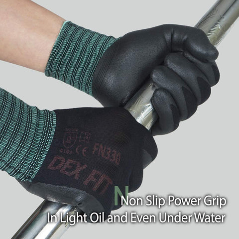 DEX FIT Nitrile Work Gloves FN330, 3D Comfort Fit, Touchscreen Grip Gloves for Warehouse, Construction, Package Handling, Delivery & General Work, Men & Women, Black, M, 3 Pairs