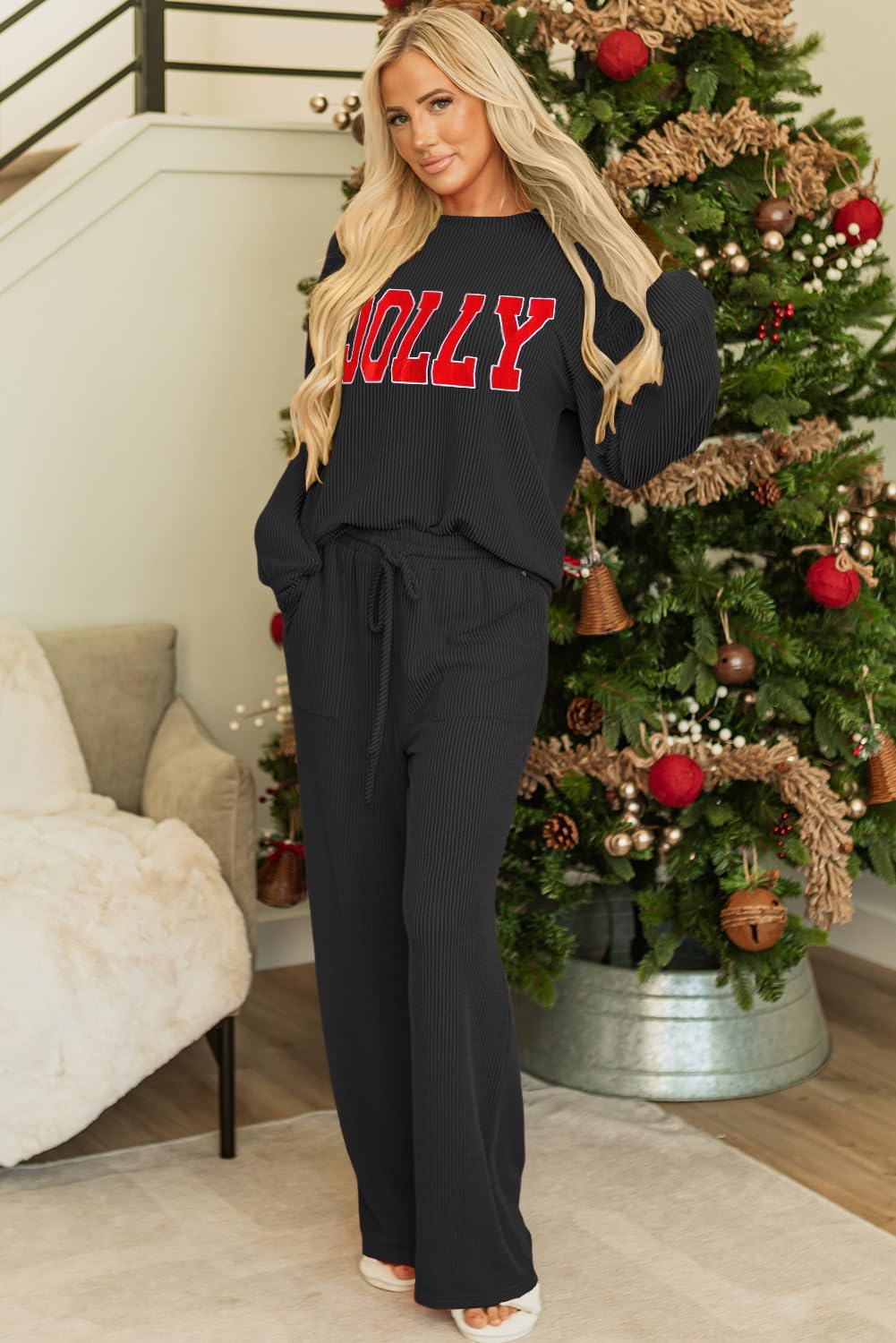 Opemiby Women 2 Piece Pajamas Set 2026 Ribbed Lounge Pants Sets with Pocket