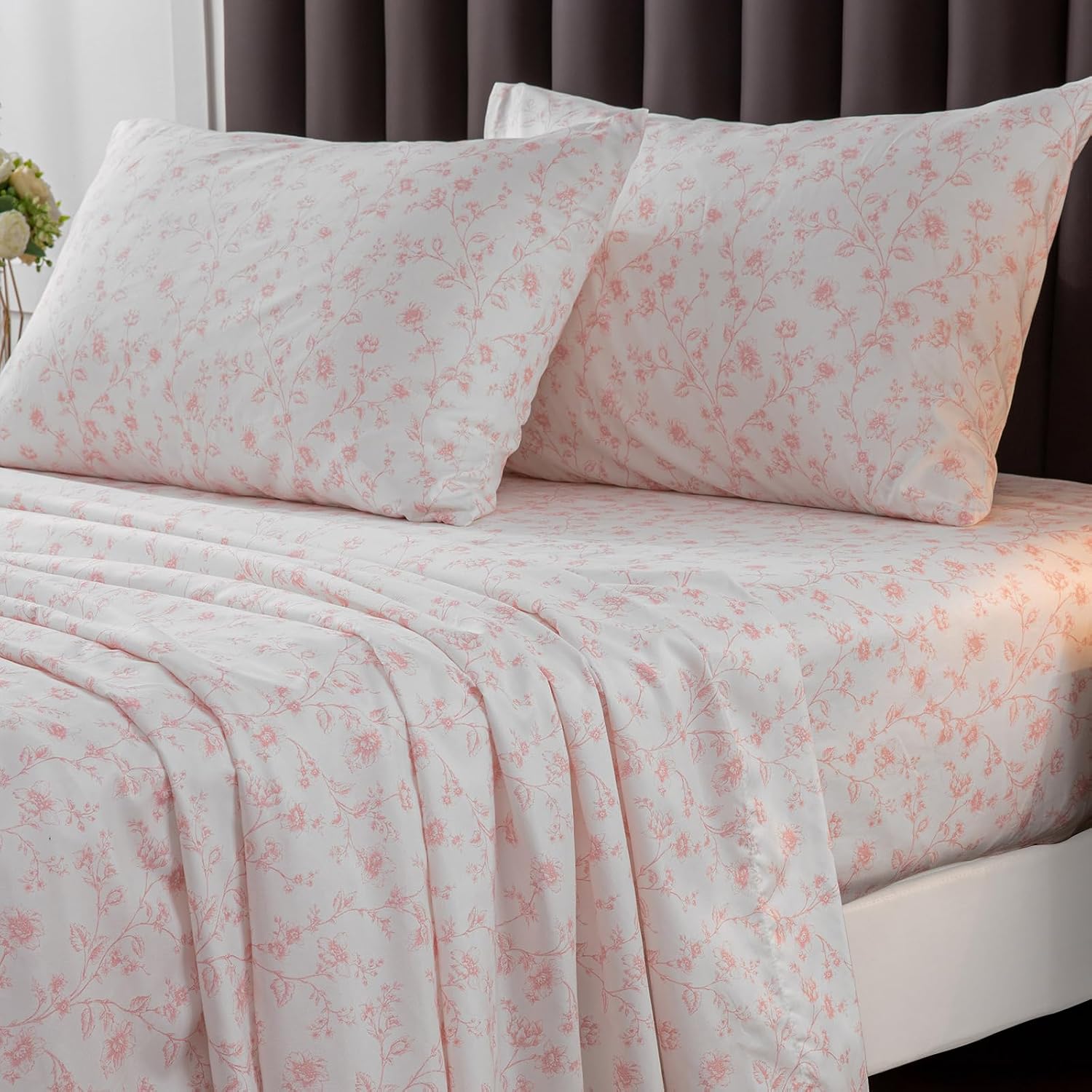 HYPREST Pink Floral Sheets Cal King, Deep Pocket Flower Pattern Bed Sheets
