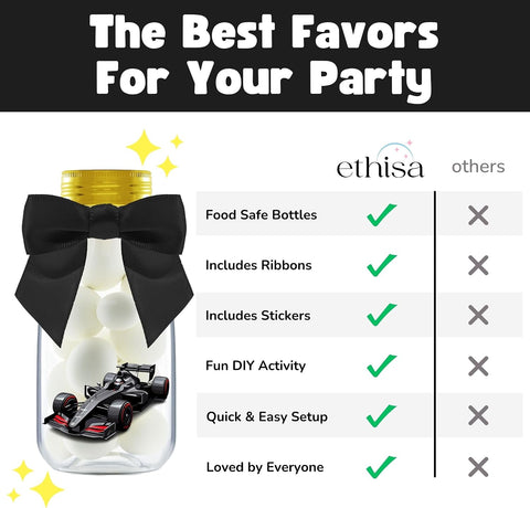 Ethisa Small 12 Pack Race Car Party Favors - DIY Candy Jars with Ribbons and Stickers - Party Decoration Bottles for Birthday and Baby Shower - Racecar Table Centerpieces