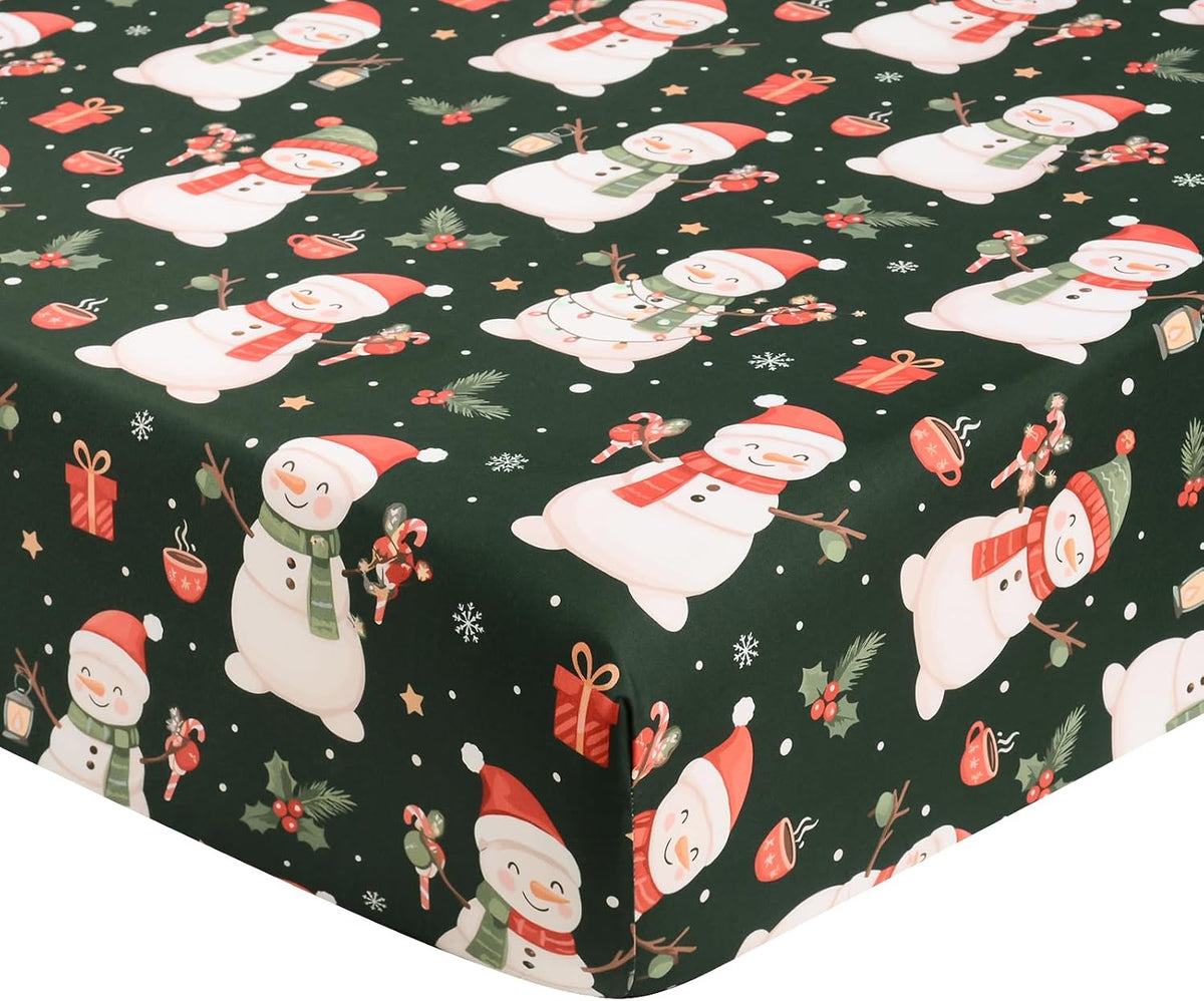 JISEN Christmas Fitted Crib Sheets for Boys Girls 52x28 Inch Snowman Green