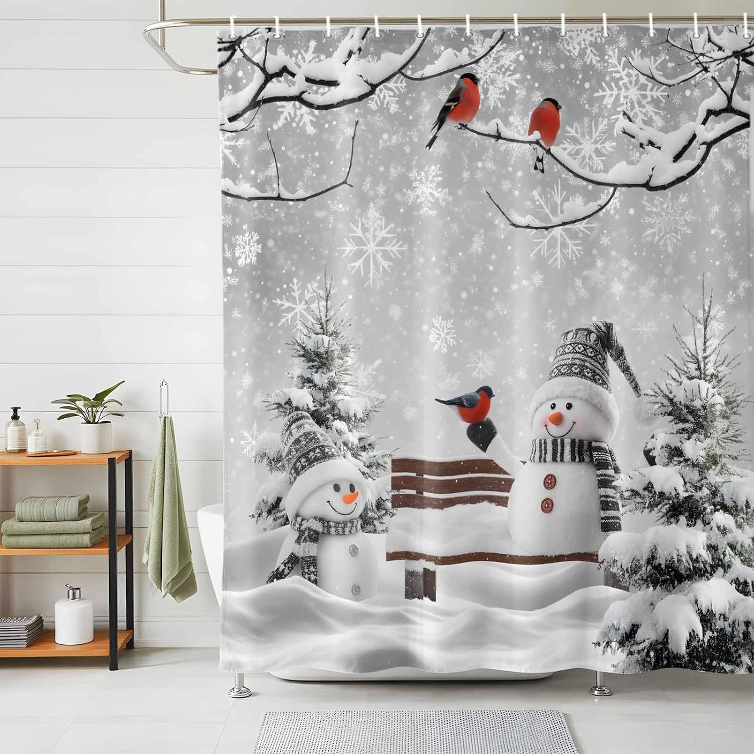 Vandarllin Winter Christmas Shower Curtain, Cute Snowman Cardinals Shower Curtains Set with Hooks, GreySnowy Pine Forest Waterproof Fabric Bathroom Curtains Decor Home Accessories,72 X 72 Inch Long