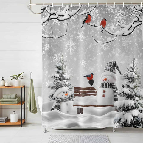 Vandarllin Winter Christmas Shower Curtain, Cute Snowman Cardinals Shower Curtains Set with Hooks, GreySnowy Pine Forest Waterproof Fabric Bathroom Curtains Decor Home Accessories,72 X 72 Inch Long