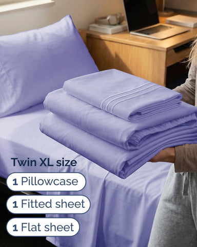 Twin XL 3 Piece Sheet Set - College Dorm Room Essentials - Lavender