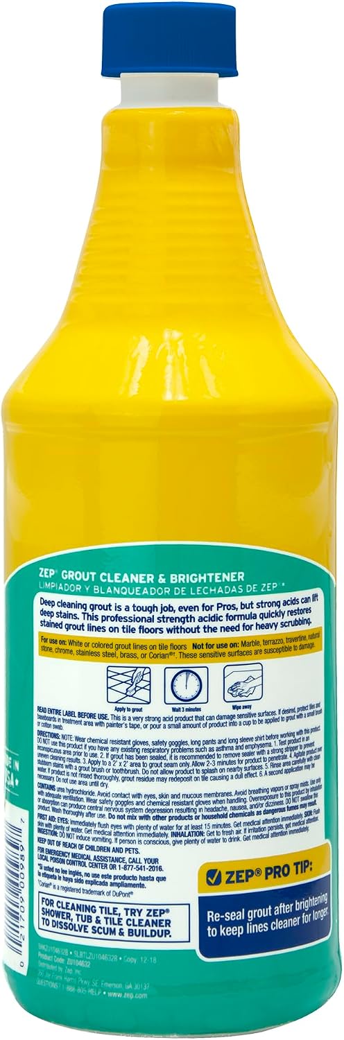 Zep Grout Cleaner and Brightener - 32 Ounce (1 Bottle) - ZU104632 - Deep Cleaning Formula Removes Old Stains From Grout