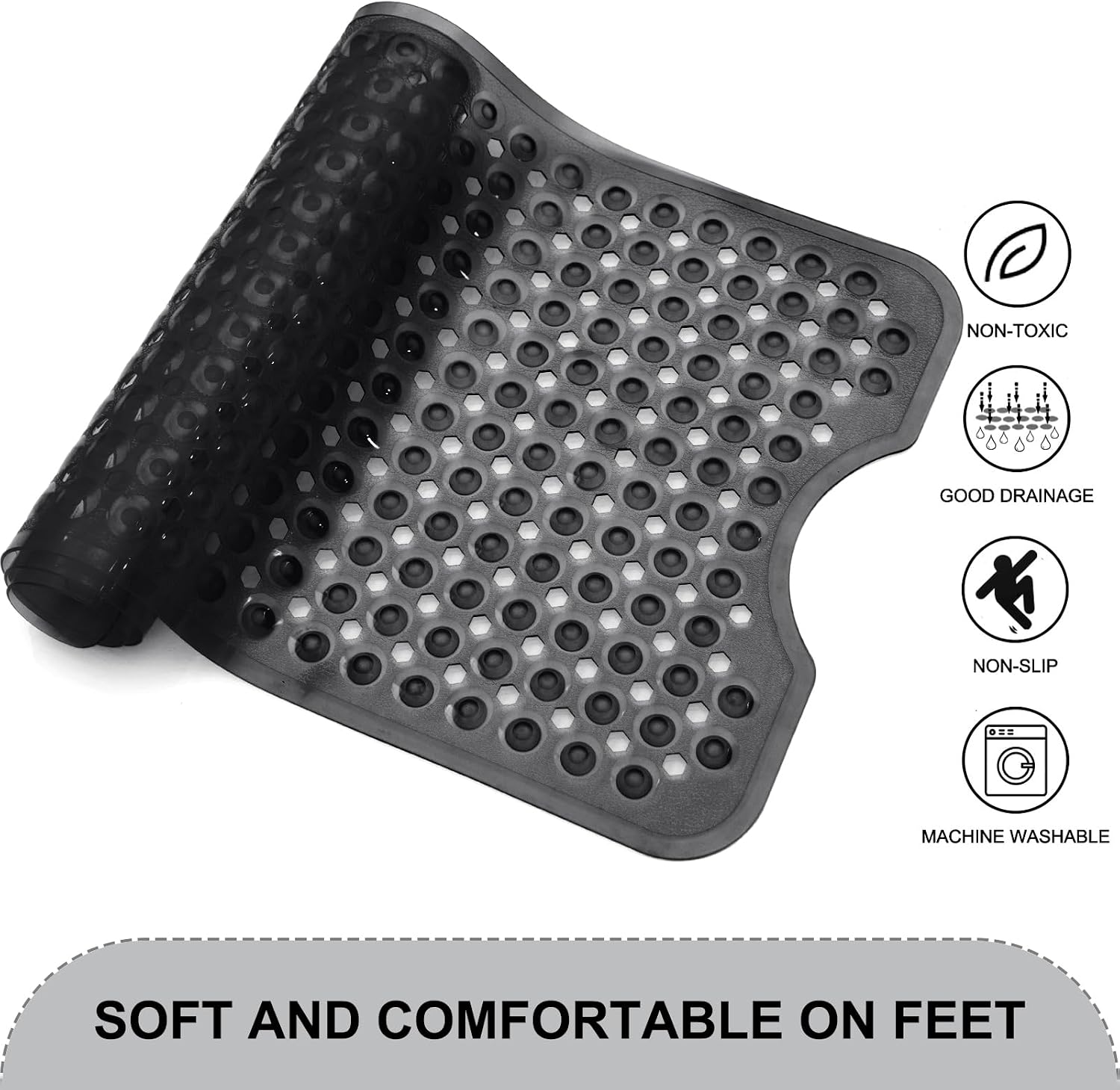 TEESHLY Bath Tub and Shower Mats, Non Slip 40 x 16 Inch Extra Large Bathtub Mat, Machine Washable Bathmat with Drain Holes, Suction Cups for Bathroom Floor, Clear Black
