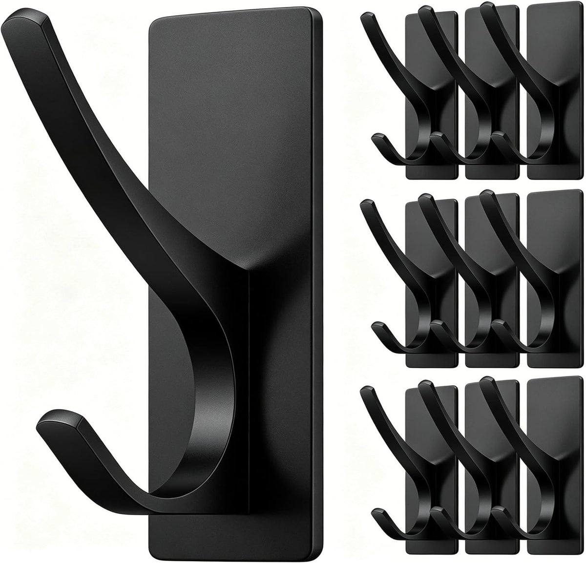 10-Pack Self Adhesive Towel Hooks: Extra Strong 13LB, Stainless Hook for Hanging Loofah, Towels, Coat, Bath Robe Bathroom Shower, Black