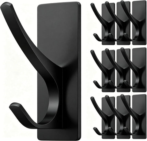 10-Pack Self Adhesive Towel Hooks: Extra Strong 13LB, Stainless Hook for Hanging Loofah, Towels, Coat, Bath Robe Bathroom Shower, Black