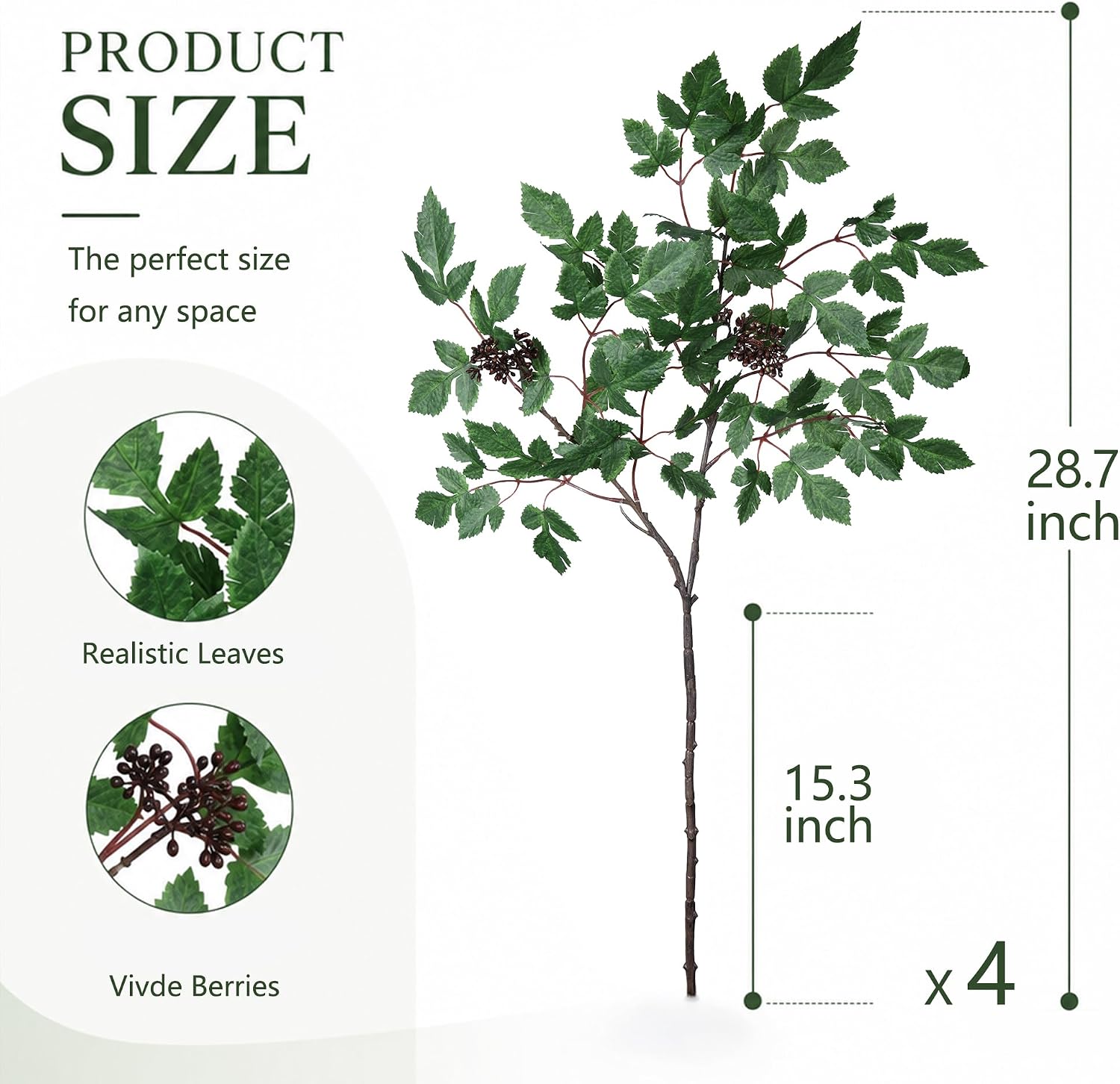 HyeFlora Artificial Cimicifuga Plant Leaf Spray Stems 4PCS Fake Greenery Branches 28.7 in Faux Leaves Real Touch Silk Plants DIY Stem for Vase Festival Home Kitchen Garden Party Farmhouse Decor