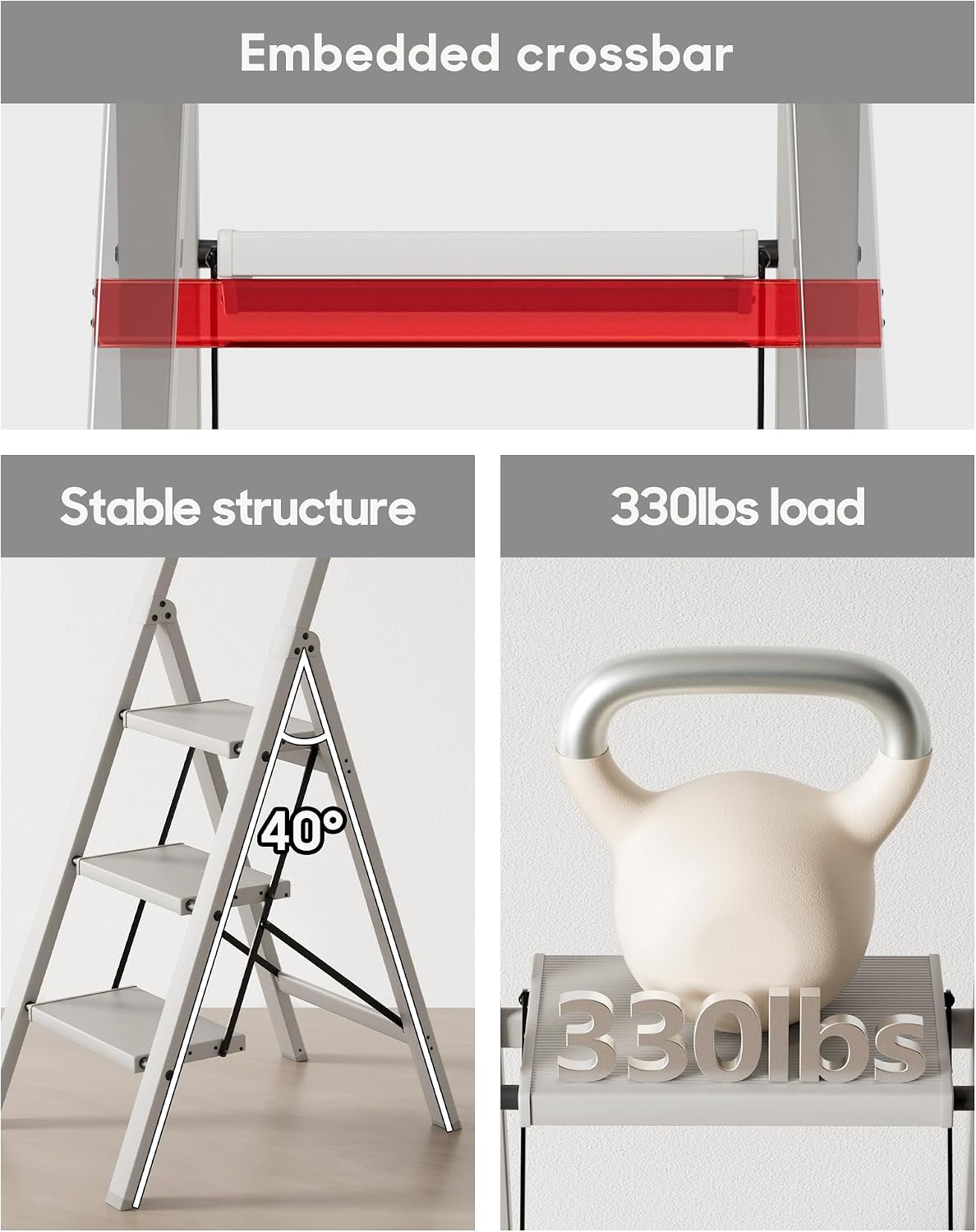 HillhutApex Aluminum 3 Step Ladder, Step Stool Foldable Ladder(Pale Grey)