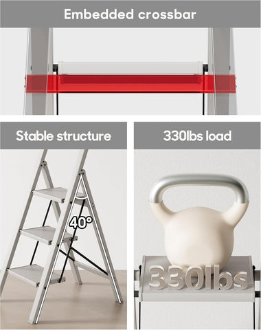HillhutApex Aluminum 3 Step Ladder, Step Stool Foldable Ladder(Pale Grey)