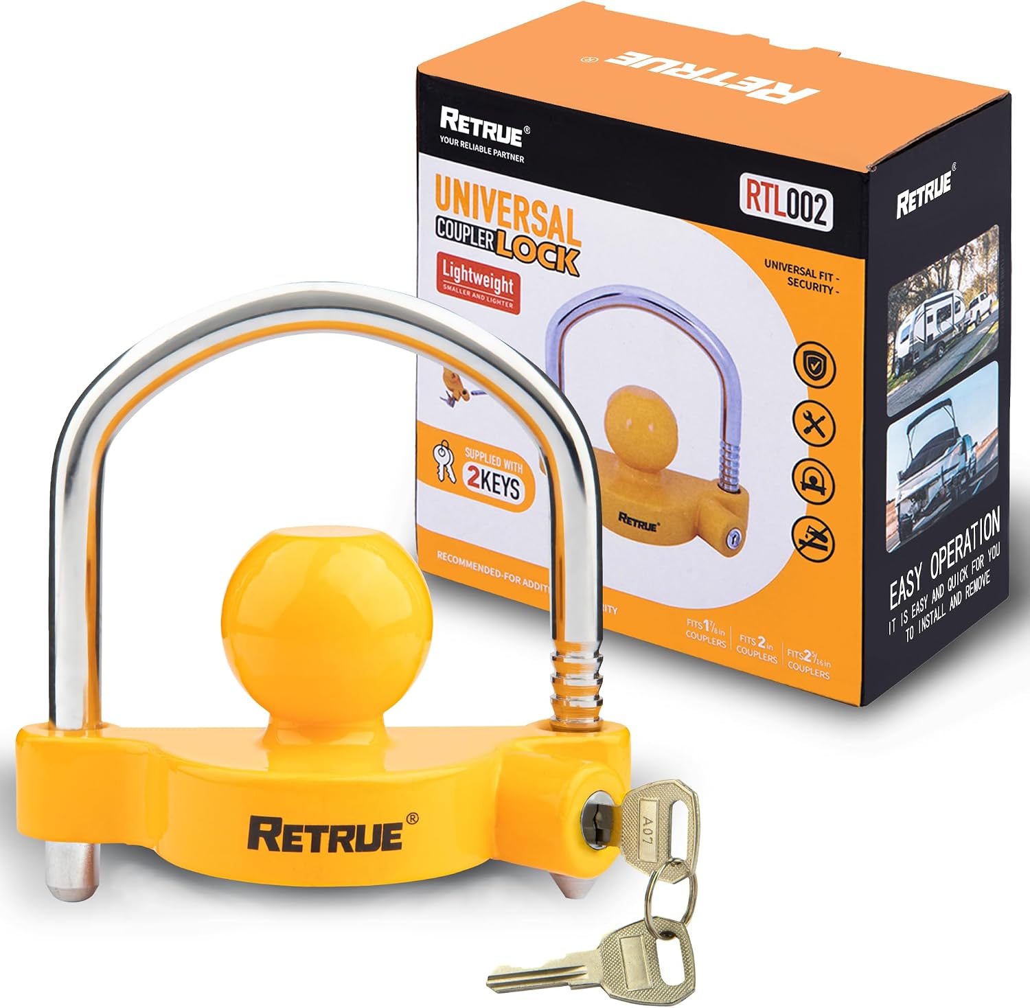 RETRUE Universal Trailer Coupler Hitch Lock, Adjustable Heavy Duty, Yellow