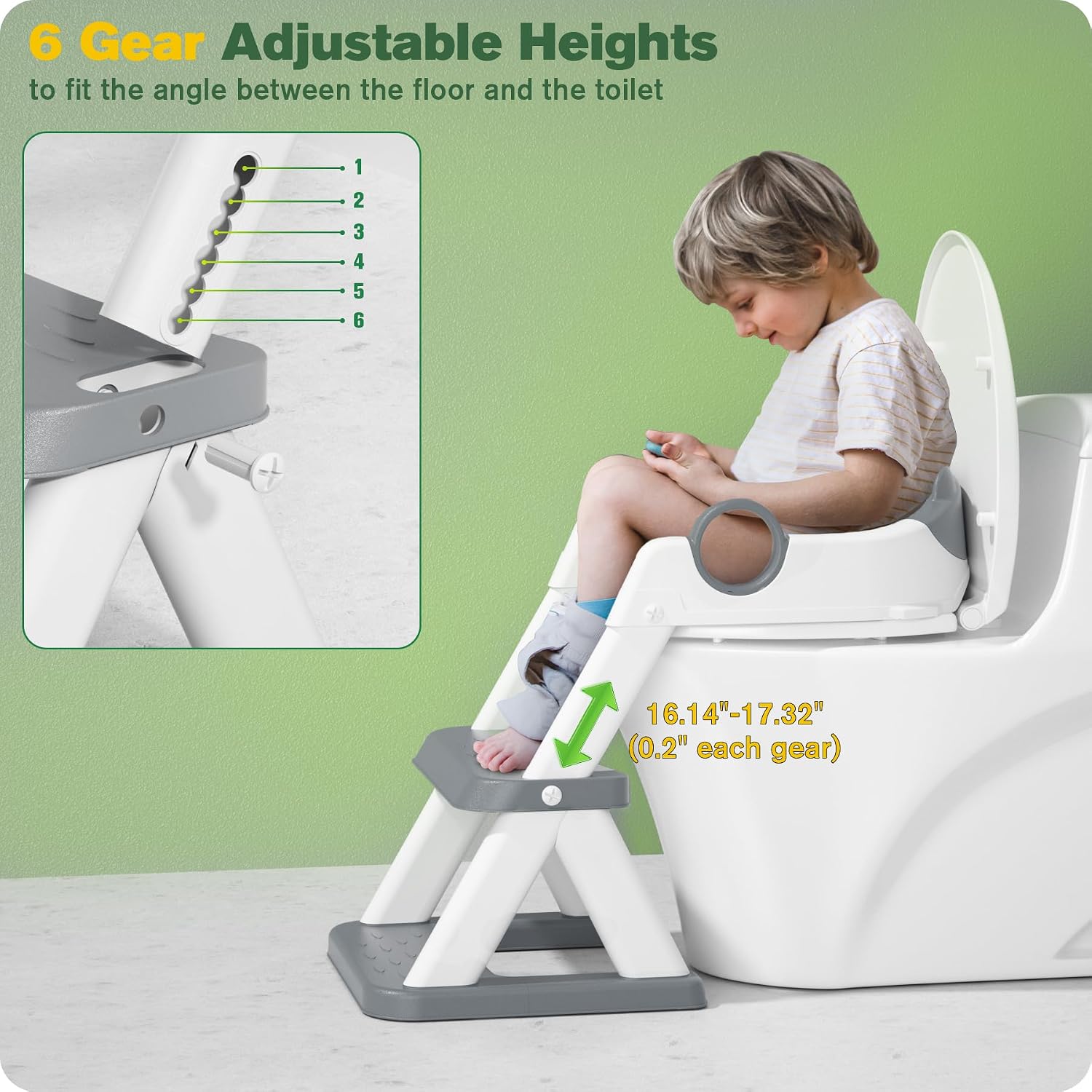 Rabb 1st® Potty Training Seat, Toddler Toilet Seat for Kids Boys Girls, 2 in1 Potty Training Toilet with Step Stool, 6 Adjustable Height, Splash Guard, Stable Triangular Anti-Slip Design(Grey)