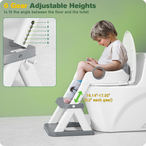 Rabb 1st® Potty Training Seat, Toddler Toilet Seat for Kids Boys Girls, 2 in1 Potty Training Toilet with Step Stool, 6 Adjustable Height, Splash Guard, Stable Triangular Anti-Slip Design(Grey)