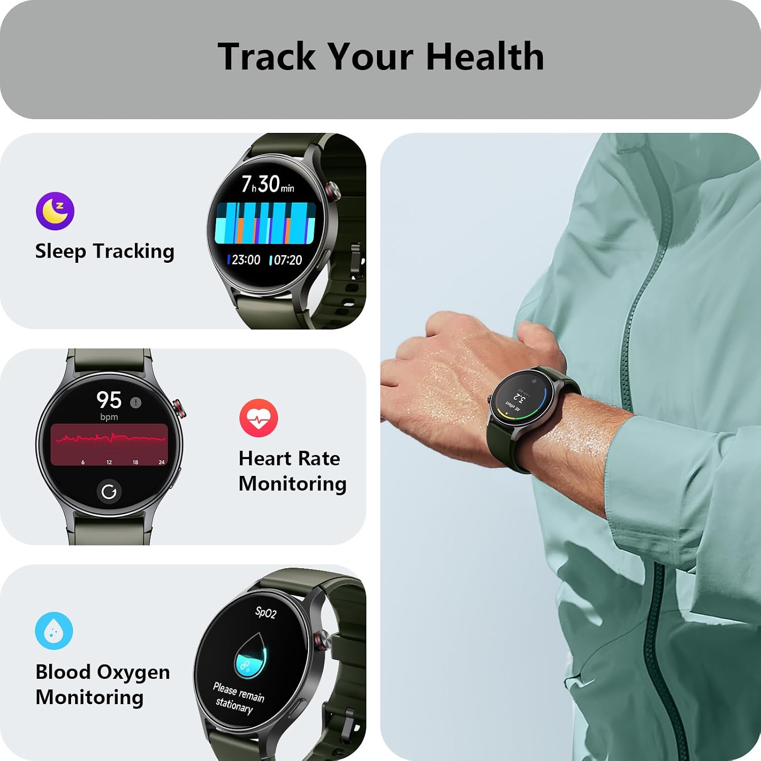 Smart Watch for Men Women, Answer/Make Call, AMOLED Ultra-Clear Screen Activity Trackers with Heart Rate/Sleep/SpO2 Monitor, Smartwatch for iPhone/Samsung/Android, 110+ Sport Modes, 3ATM Waterproof
