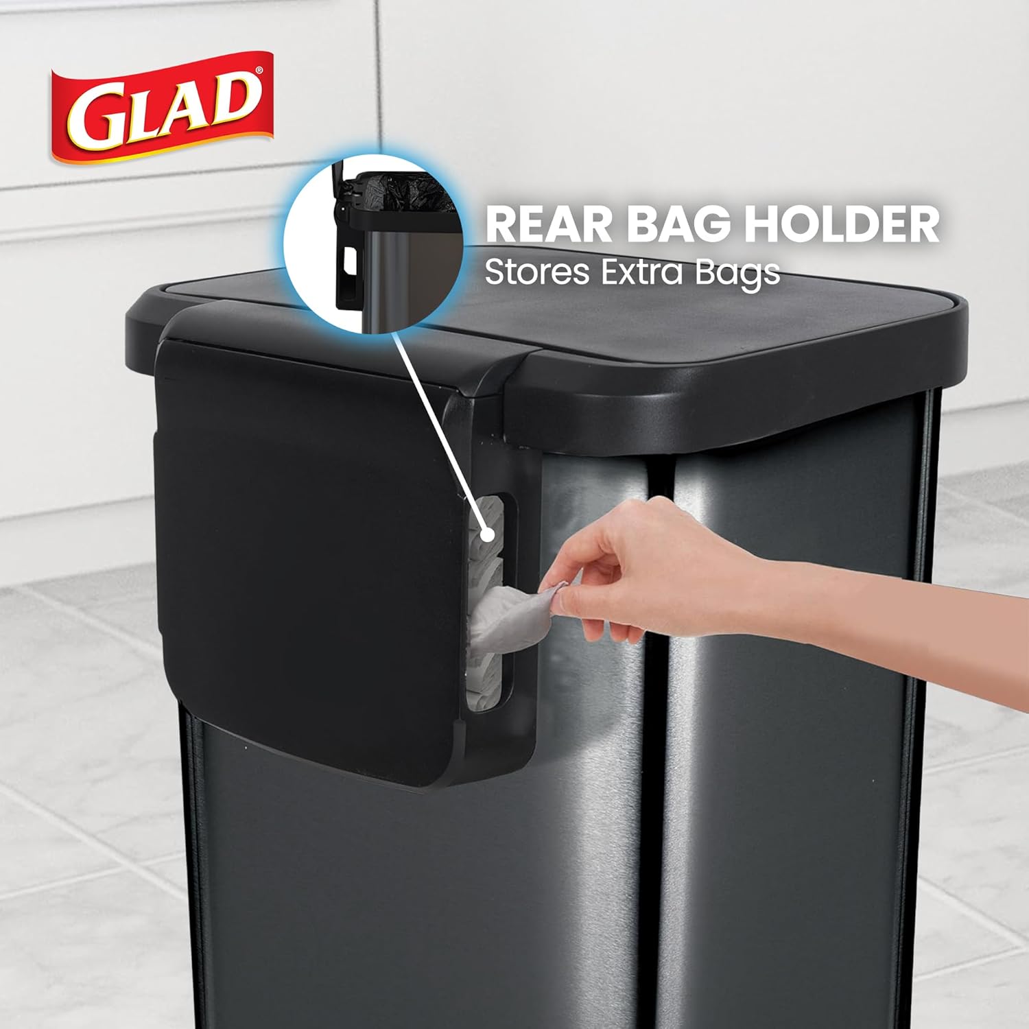 Glad Stainless Steel Trash Can with Clorox Odor Protection, 20 Gal, Pewter
