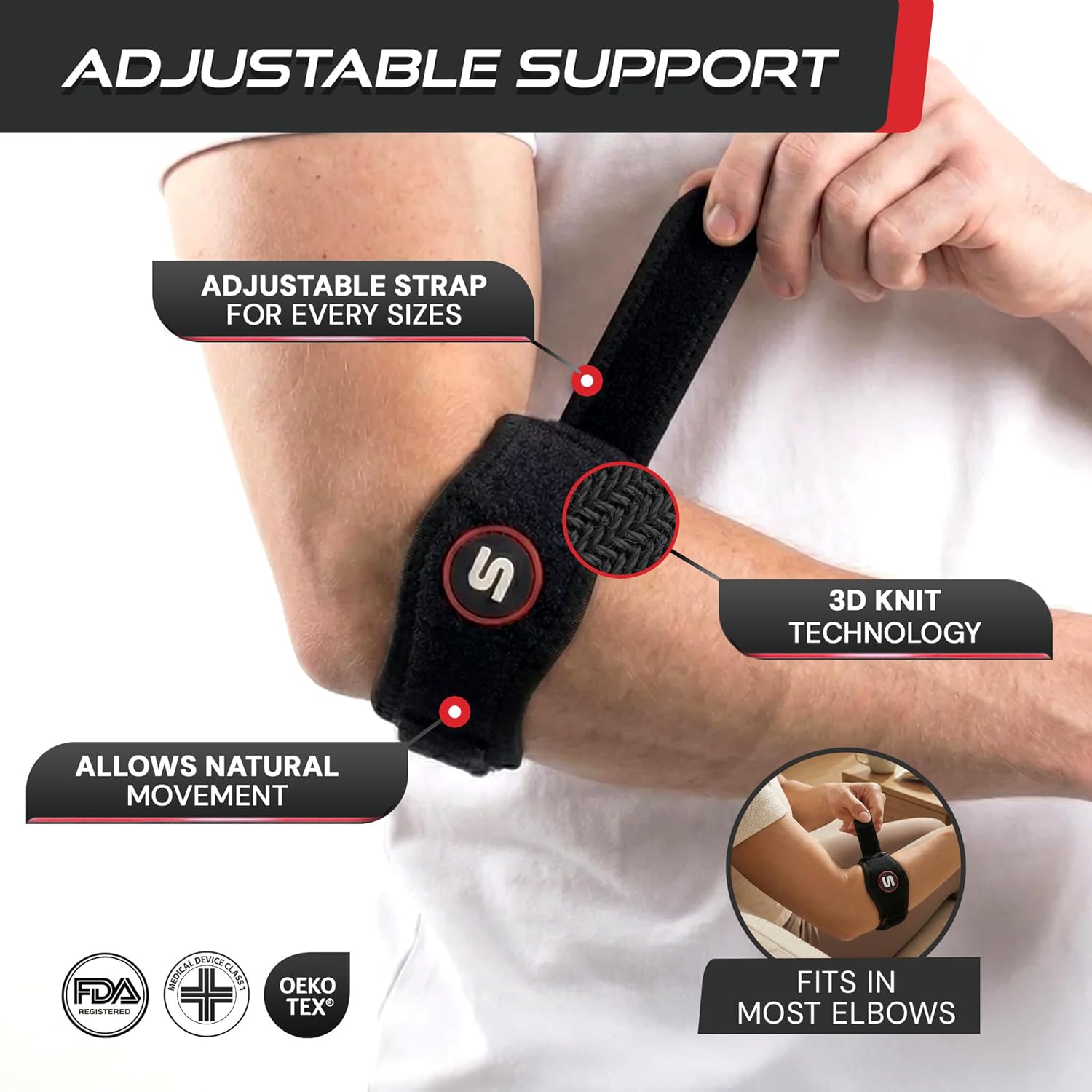 Sleeve Stars Tennis Elbow Brace for Men & Women, Elbow Brace for Tendonitis, Tennis Elbow Strap, Golfers Elbow Brace, Elbow Support Wrap for Tennis Elbow Relief, Fits 9"-23" (Single/Black)