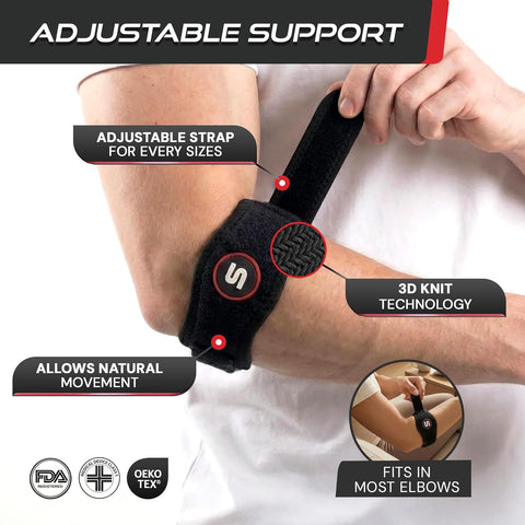 Sleeve Stars Tennis Elbow Brace for Men & Women, Elbow Brace for Tendonitis, Tennis Elbow Strap, Golfers Elbow Brace, Elbow Support Wrap for Tennis Elbow Relief, Fits 9"-23" (Single/Black)