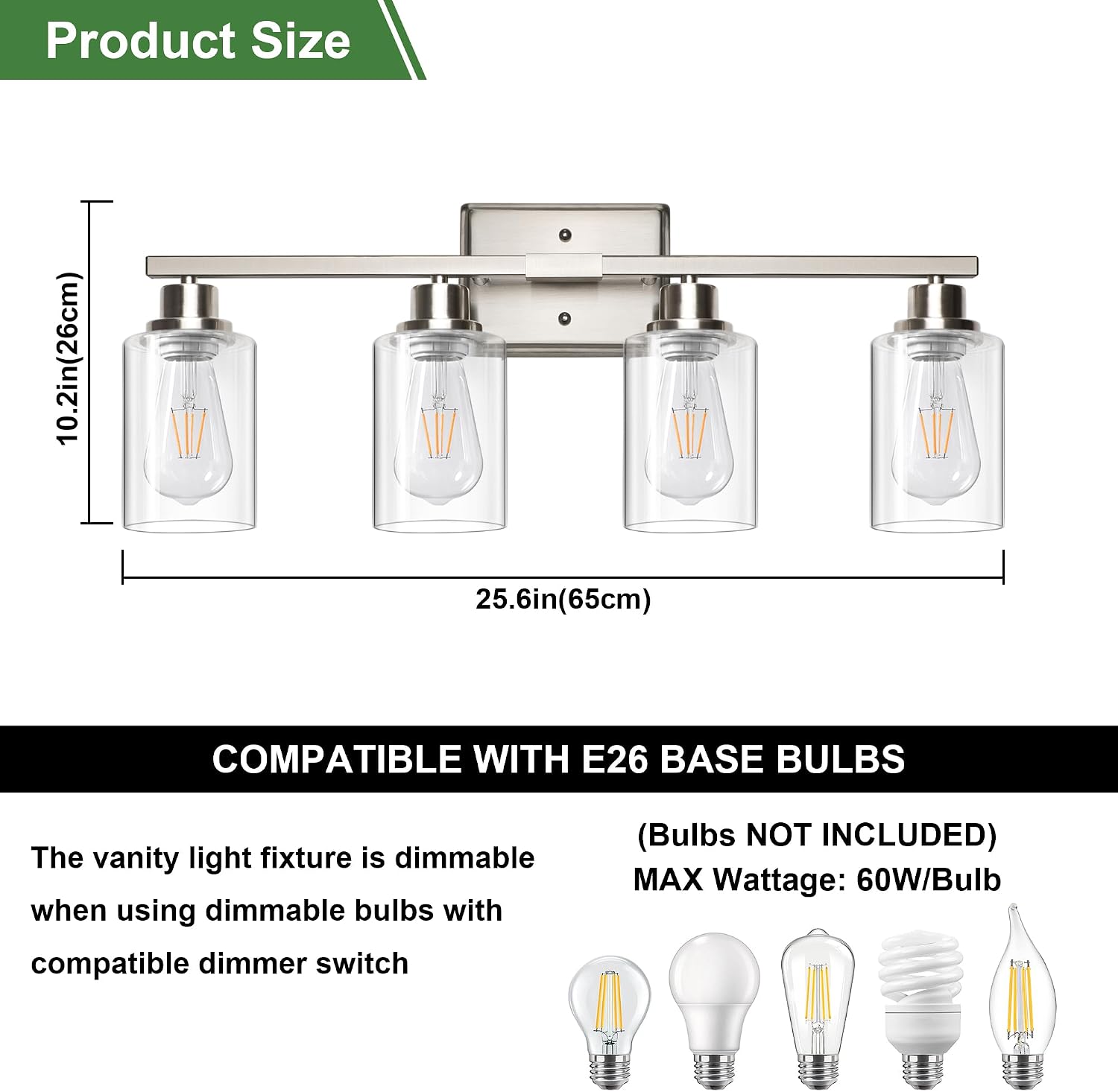 Ascher Bathroom Light Fixtures, 4-Light Vanity Lights with Clear Glass Shade, Modern Brushed Nickel Wall Light for Mirror Bedroom Hallway Cabinet Porch