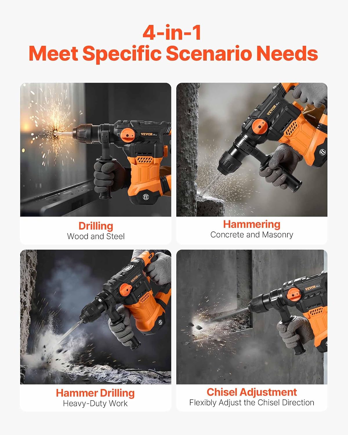 VEVOR 1-1/4 Inch SDS-Plus Rotary Hammer Drill, 13 Amp Corded Drills, Heavy Duty Chipping Hammers w/Vibration Control & Safety Clutch, Electric Demolition Hammers Variable Speed, Power Tool For Concret
