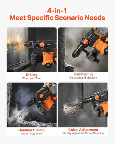 VEVOR 1-1/4 Inch SDS-Plus Rotary Hammer Drill, 13 Amp Corded Drills, Heavy Duty Chipping Hammers w/Vibration Control & Safety Clutch, Electric Demolition Hammers Variable Speed, Power Tool For Concret