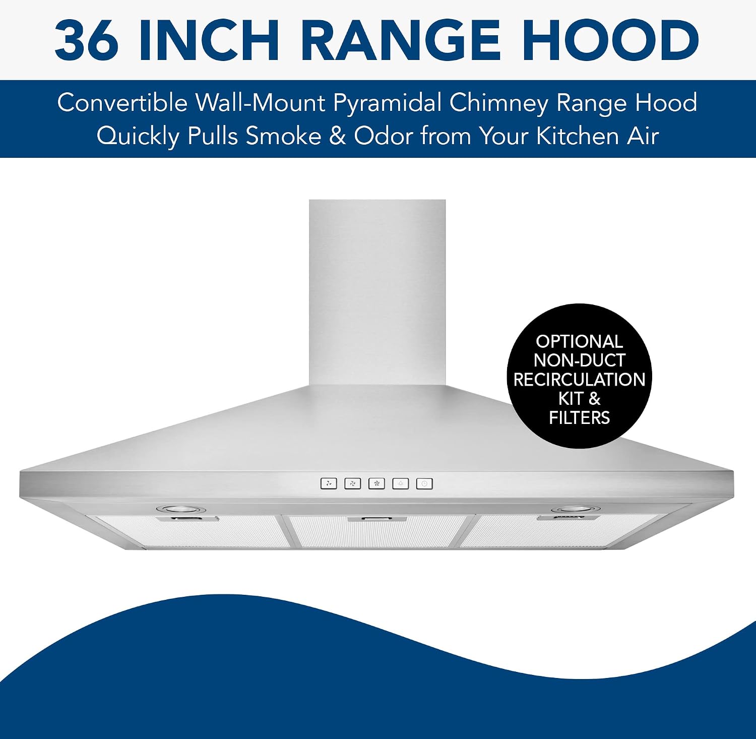Broan-NuTone 36" Pyramidal Chimney Range Hood with LED Lighting, Convertible Wall-Mount Kitchen Chimney Vent Hood, 450 Max CFM, Stainless Steel