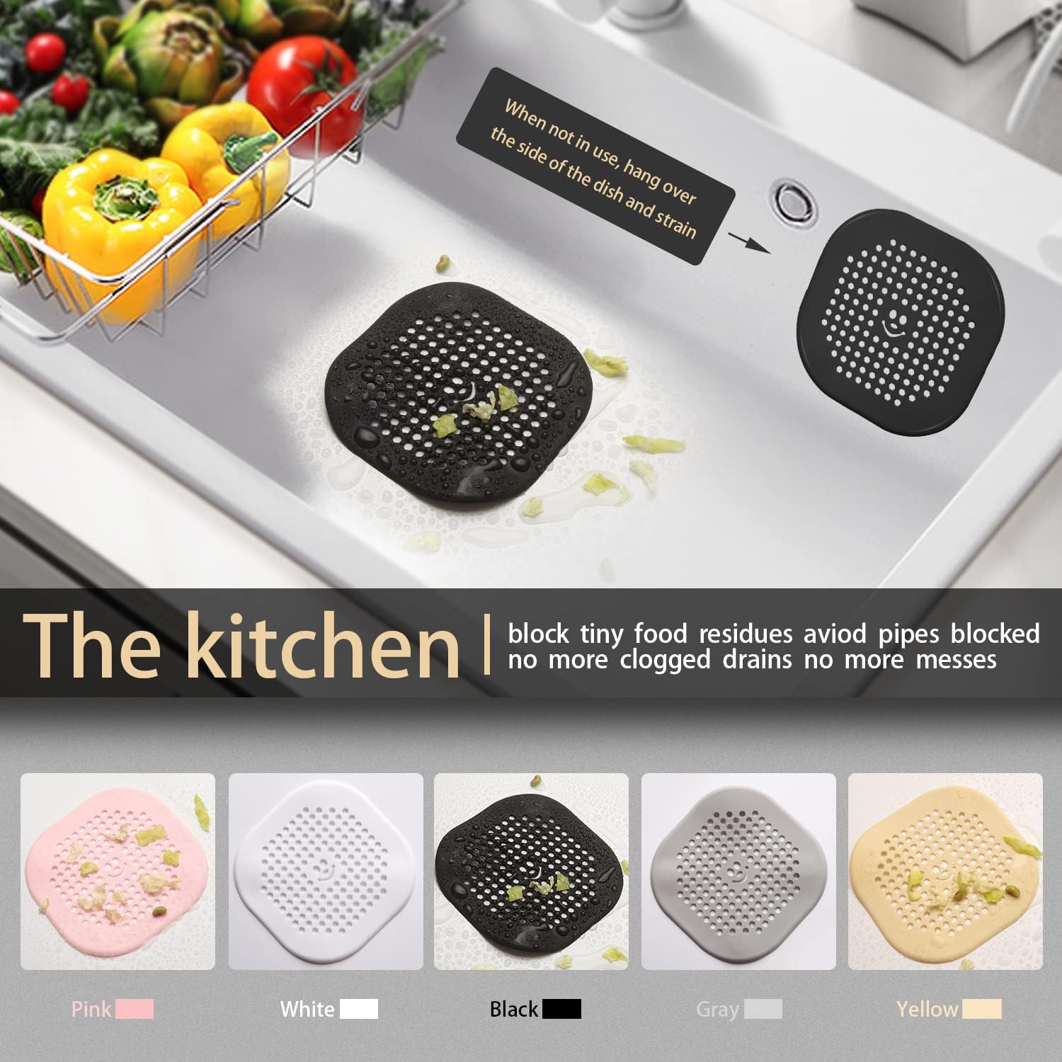 2 Pack Drain Cover Hair Catcher Silicone Drain Protector Hair Stopper for Shower Kitchen Bathroom Bathtub Black