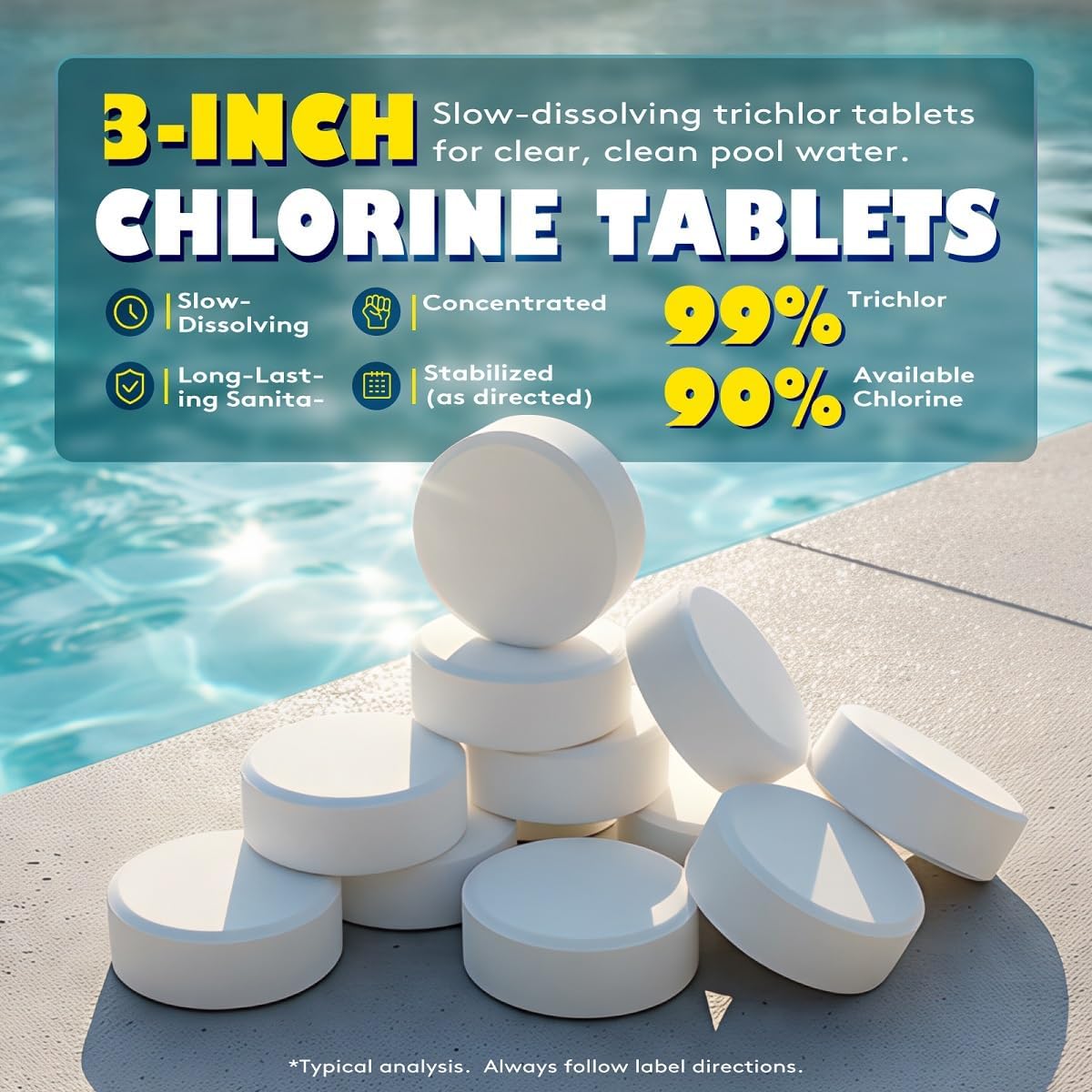 3 Inch Chlorine Tablets 5 lbs, 99% Trichlor, 90% Available Chlorine, Slow Dissolving Stabilized Pool Sanitizer, Kills Bacteria & Controls Algae for Swimming Pools - 5 Pound
