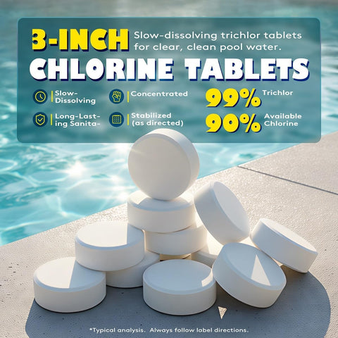 3 Inch Chlorine Tablets 5 lbs, 99% Trichlor, 90% Available Chlorine, Slow Dissolving Stabilized Pool Sanitizer, Kills Bacteria & Controls Algae for Swimming Pools - 5 Pound