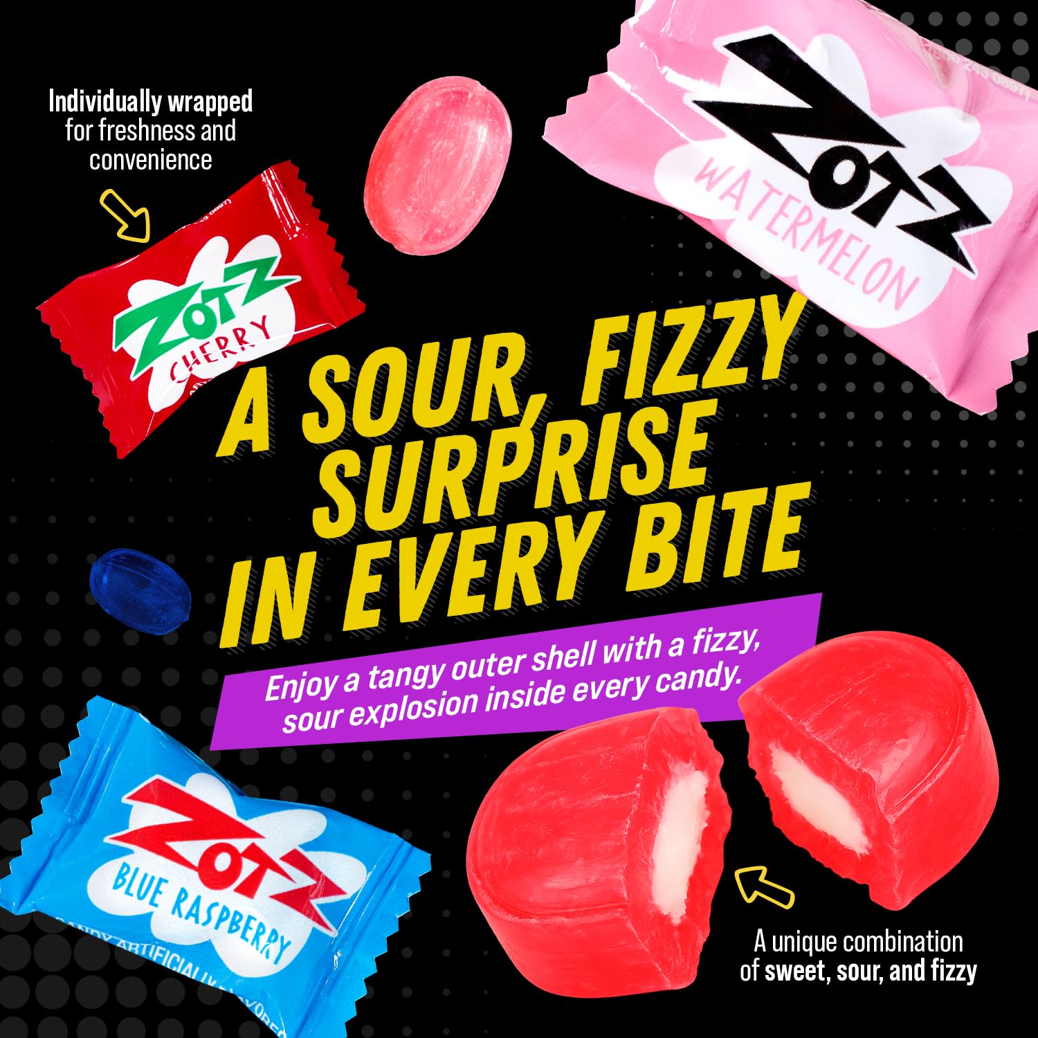 ZOTZ Fizzy Sour Candy Bulk - Retro Italian Hard Candy Individually Wrapped - Classic Nostalgic 3 Assorted Flavors Cherry, Watermelon & Blue Raspberry, 46 pieces Bag for Party Favors, Goodie Bags, Piñata & Candy Buffet