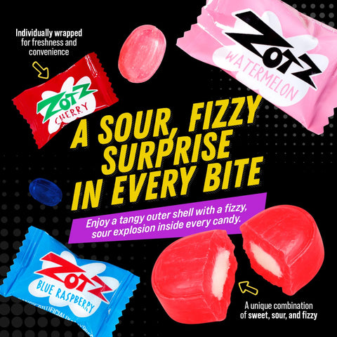ZOTZ Fizzy Sour Candy Bulk - Retro Italian Hard Candy Individually Wrapped - Classic Nostalgic 3 Assorted Flavors Cherry, Watermelon & Blue Raspberry, 46 pieces Bag for Party Favors, Goodie Bags, Piñata & Candy Buffet