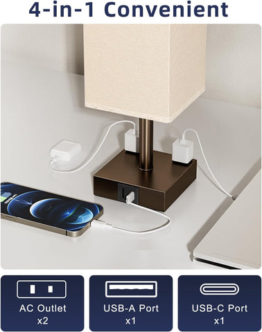 Brown Touch Table Lamp for Bedroom - Dimmable, USB C+A, 2 AC Outlets