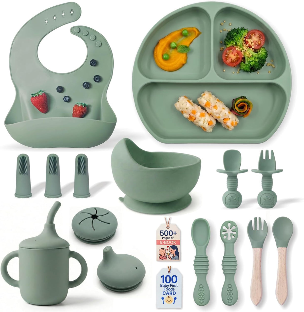 Remonda 17-Piece BPA-Free Baby Silicone Feeding Set | Extra Large Suction Plates, Toddler Bowls, Self Feeding Spoons, and More | Dishwasher Safe| Infant Led Weaning Supplies（Green）