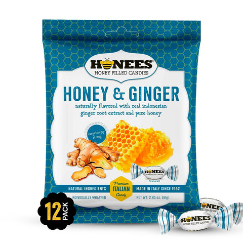 Honees Honey & Ginger Hard Candy Individually Wrapped | Natural & Healthy Candy, Italian Made with Real Honey & Indonesian Ginger, 12 Pack (34.2oz)