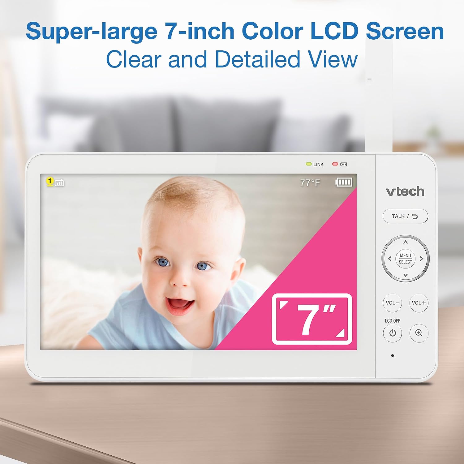 VTech Baby Monitor No WiFi with 7" Screen – 12Hr Battery, 1000ft Range, Night Vision, Two-Way Talk, Temperature Sensor, Lullabies, Sound-Activated Screen | 819 Max