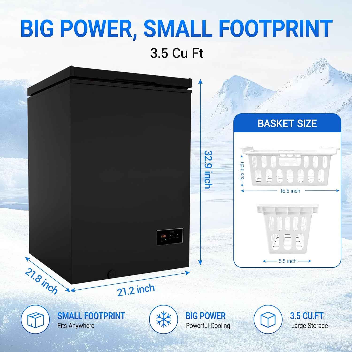 ADT -40°F Low Temp Chest Freezer, 3.5 Cu Ft Deep Freezer with 2 Removable Baskets, Ideal for Beaded Ice Cream, Seafood, Meat & Long-Term & Frozen Storage (CBlack, 3.5 Cubic Feet)
