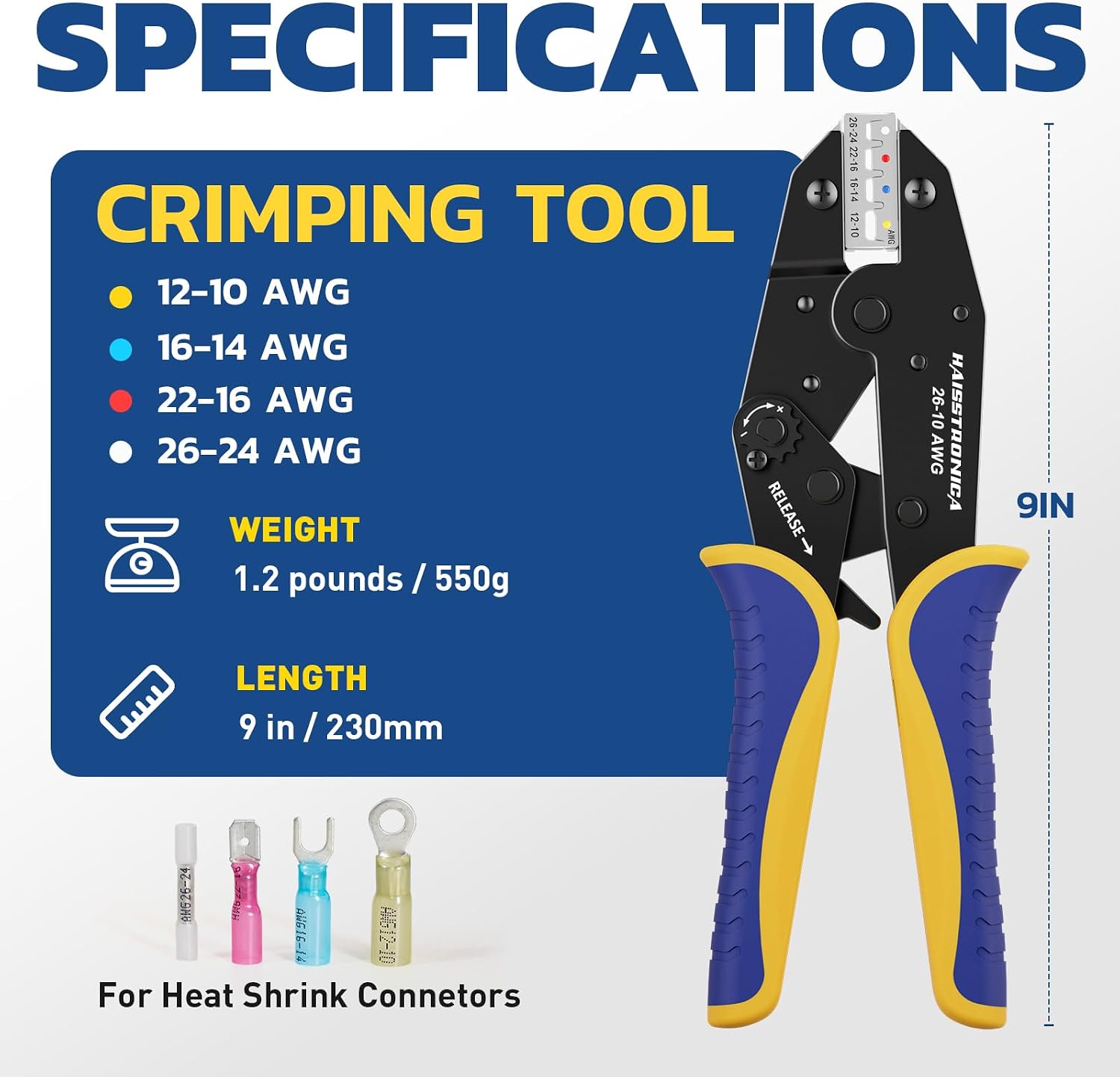 haisstronica Crimping Tool for Heat Shrink Connectors, AWG 26-10, HS-8327
