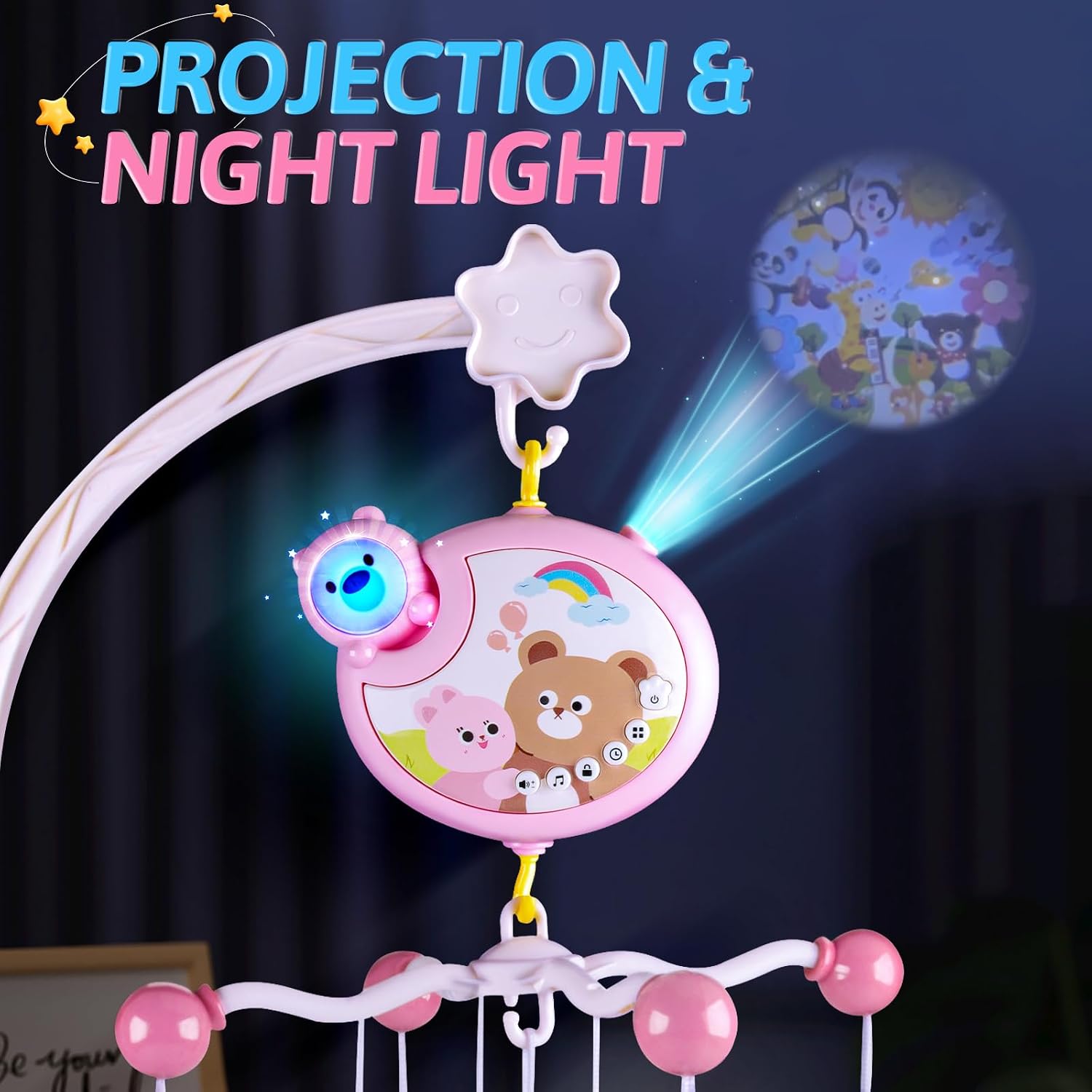 Crib Mobile with Music and Lights, Baby Mobiles for Cribs, Nursery Musical Mobile for Bassinets Toys Hanging Girls Boys, Pack and Play Space Portable Animal Mobile Hanger Arm Clip On Attachment