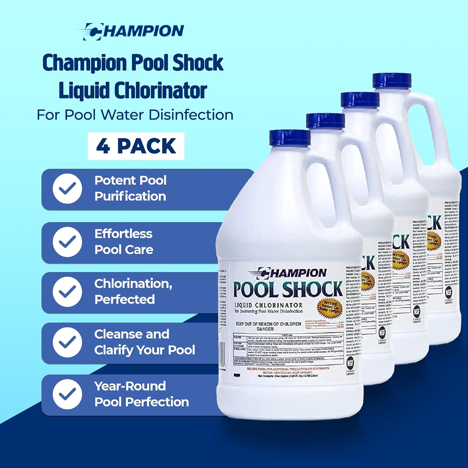 Champion Pool Shock Liquid Chlorine 12.5 Sodium Hypochlorite, 1 Gal, 4-Pack