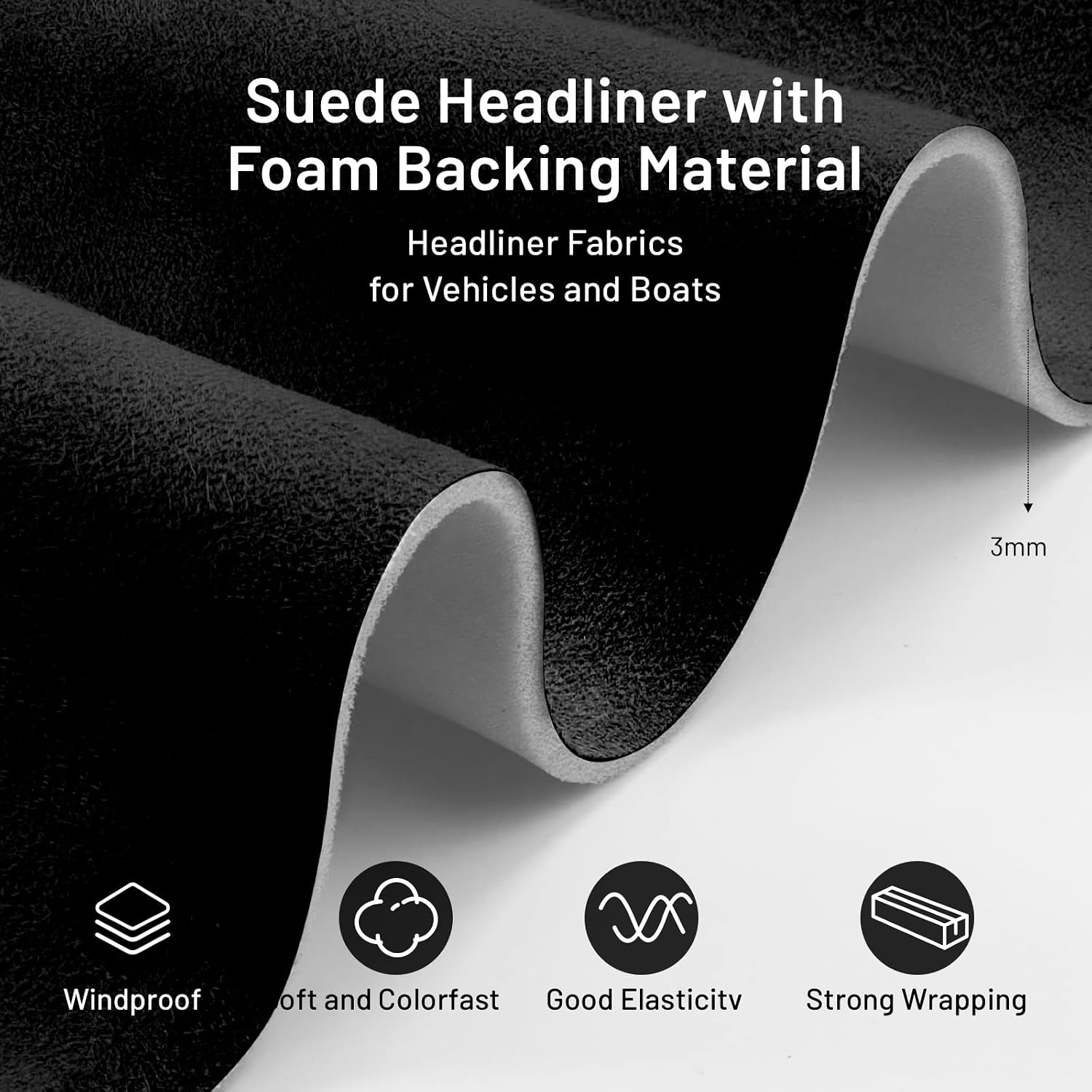 Hiksuky Suede Auto Headliner Fabric 36" L × 60" W with Foam Backing - Black Interior Replacement Material for Car/Truck/SUV/RV Roof, Tube Packaging - Home Repair/DIY Headliner Material