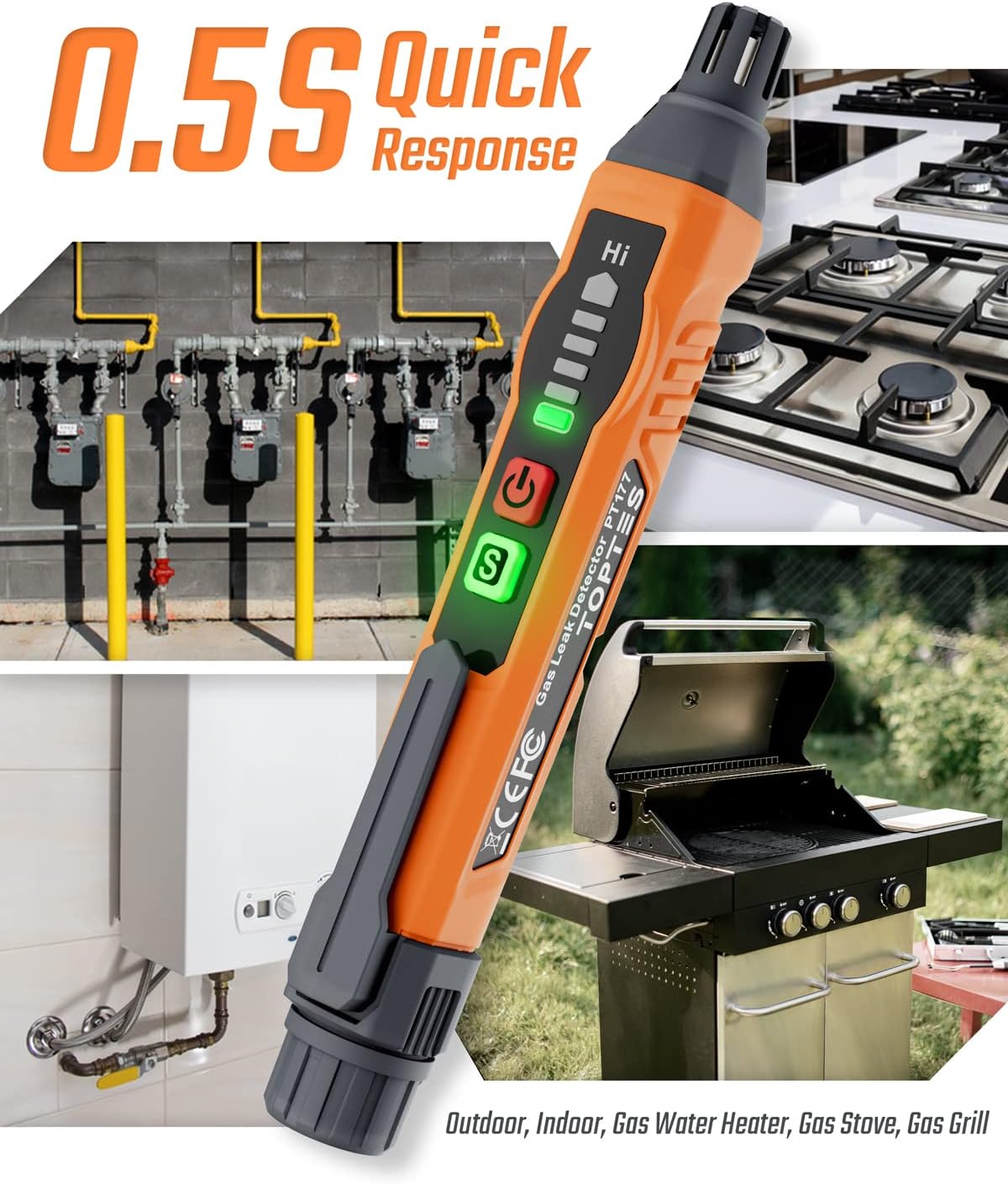 Natural Gas Detector, TopTes PT177 Gas Leak Detector with Audible & Visual Alarm, Portable Gas Sniffer to Locate Combustible Leak Sources Like Methane, Propane for Home (Includes Battery x2)-Orange