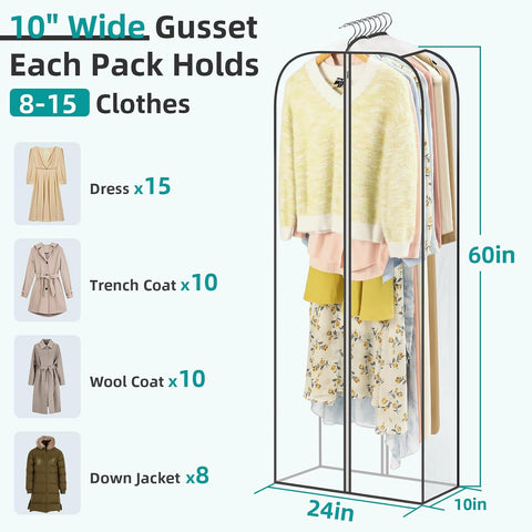 LANDNEOO 6 Pack Clear Garment Bags for Hanging Clothes with Zippers on Double Sides - 10'' Clothes Storage for Coat, Dress, and Fur in Closet - 60'' Long Suit Bags