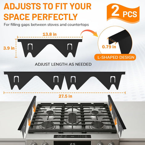 Stainless Steel Stove Gap Covers,Stove Gap Filler, Range Trim Kit, Stove Gap Guards, Heat Resistant and Easy to Clean, Easy retractable Length 13.8" to 27.5", Width 0.79",Black(2PCS)